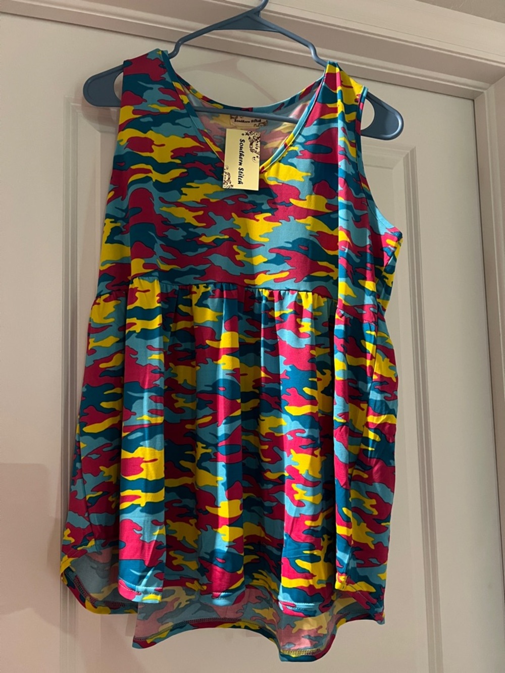 Woman’s Sleeveless Camouflage Tank Top in Teal, Pink & Yellow